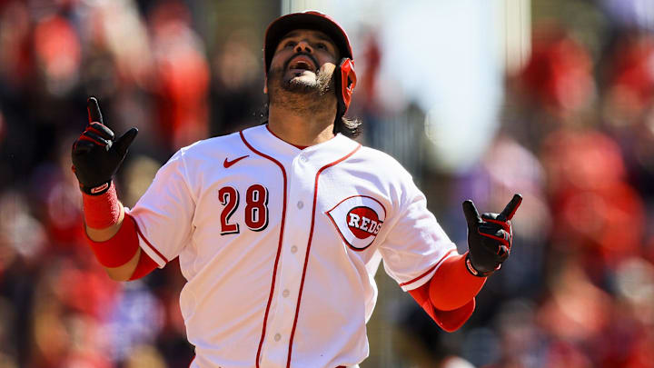 Mar 29, 2026; Cincinnati, Ohio, USA; Cincinnati Reds third baseman Eugenio Suarez (28) reacts after hitting a three-run home run in the sixth inning against the Boston Red Sox at Great American Ball Park. Mandatory Credit: Katie Stratman-Imagn Images