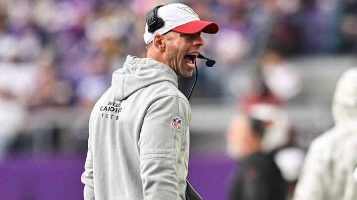 Dec 1, 2024; Minneapolis, Minnesota, USA; Arizona Cardinals head coach Jonathan Gannon reacts during the second quarter against the Minnesota Vikings at U.S. Bank Stadium. Mandatory Credit: Jeffrey Becker-Imagn Images