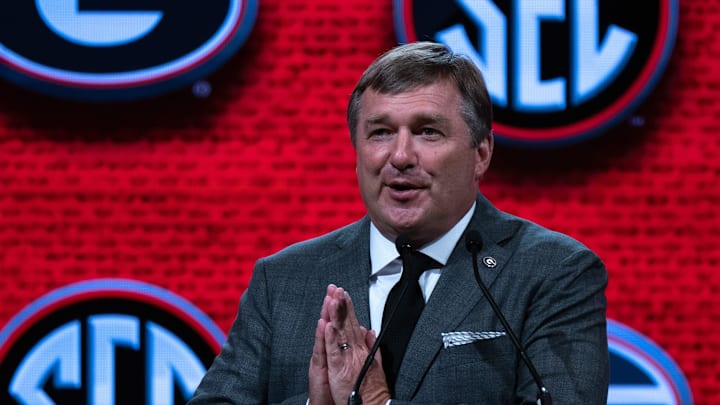 Georgia head coach Kirby Smart speaks at SEC Media Days.