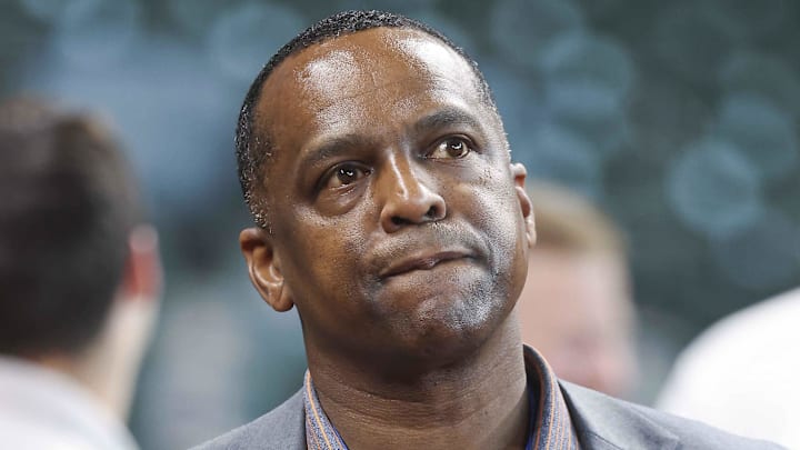 Apr 18, 2023; Houston, Texas, USA; Houston Astros general manager Dana Brown on the field before the game against the Toronto Blue Jays at Minute Maid Park Apr 18, 2023; Houston, Texas, USA; Houston Astros general manager Dana Brown on the field before the game against the Toronto Blue Jays at Minute Maid Park