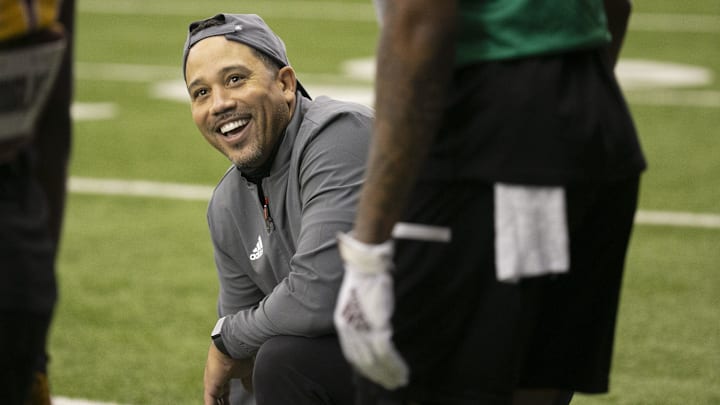 ASU interim wide receiver coach Bobby Wade smiles during an ASU football practice at the Kajikawa Practice Facility in Tempe on August 16, 2021.

Asu Football Practice