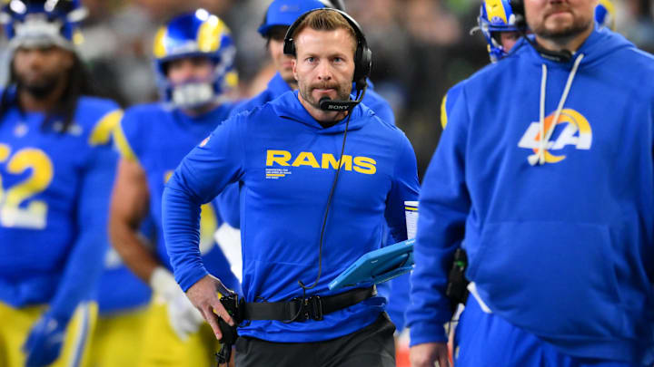 Dec 18, 2025; Seattle, Washington, USA; Los Angeles Rams head coach Sean McVay looks on in the first half against the Seattle Seahawks at Lumen Field. Mandatory Credit: Steven Bisig-Imagn Images