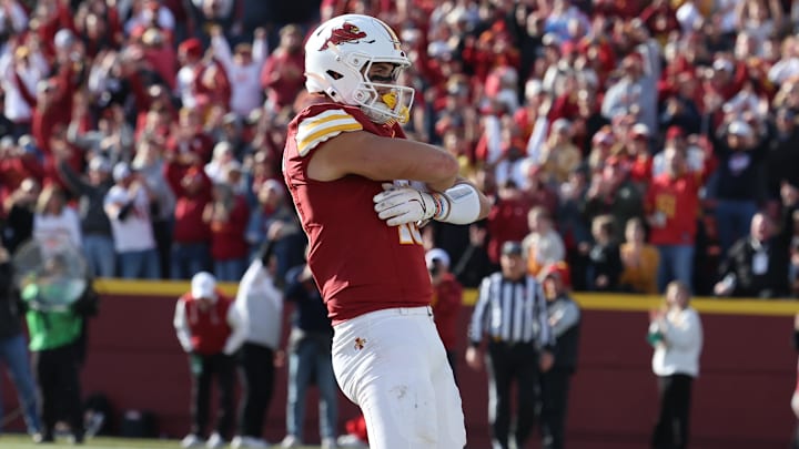Iowa State Cyclones tight end Benjamin Brahmer (18) catches a touchdown pass in their game with the Kansas Jayhawks during the second half at Jack Trice Stadium. 