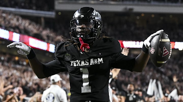 Oct 4, 2025; College Station, Texas, USA; Texas A&M Aggies wide receiver Mario Craver (1) celebrates after scoring a touchdown during the fourth quarter against the Mississippi State Bulldogs at Kyle Field. Mandatory Credit: Maria Lysaker-Imagn Images 