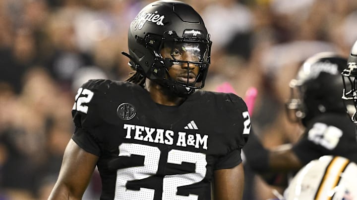 Oct 26, 2024; College Station, Texas, USA; Texas A&M Aggies linebacker Solomon DeShields (22) looks on during the fourth quarter against the LSU Tigers. The Aggies defeated the Tigers 38-23; at Kyle Field. Mandatory Credit: Maria Lysaker-Imagn Images.  