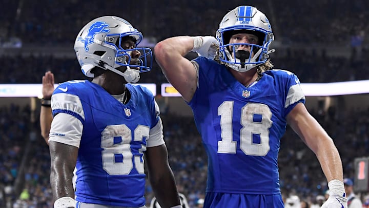 Aug 16, 2025; Detroit, Michigan, USA; Detroit Lions wide receiver Isaac TeSlaa (18) celebrates with Detroit Lions wide receiver Jackson Meeks (83) after scoring a touchdown against the Miami Dolphins in the second quarter at Ford Field. Mandatory Credit: Eamon Horwedel-Imagn Images