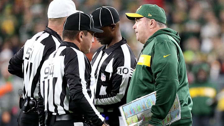 Mike McCarthy chats with officials during the 2018 opener at Lambeau Field, won by the Packers 24-23 over the Bears. Mike McCarthy chats with officials during the 2018 opener at Lambeau Field, won by the Packers 24-23 over the Bears.