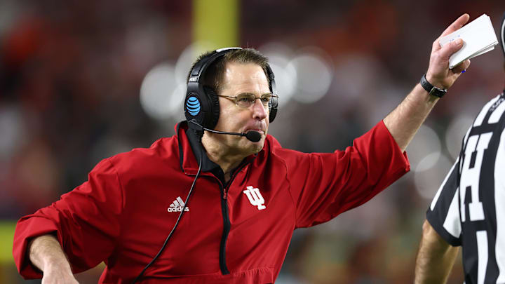 Jan 19, 2026; Miami Gardens, FL, USA; Indiana Hoosiers head coach Curt Cignetti reacts against the Miami Hurricanes in the first half during the College Football Playoff National Championship game at Hard Rock Stadium. 