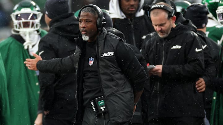 Nov 30, 2025; East Rutherford, New Jersey, USA;  New York Jets head coach Aaron Glenn during the first half at MetLife Stadium. Mandatory Credit: Vincent Carchietta-Imagn Images