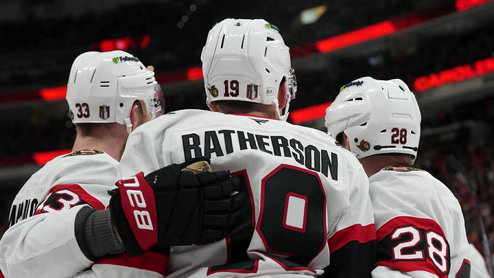 Apr 20, 2026; Raleigh, North Carolina, USA; Ottawa Senators right wing Drake Batherson (19) is congratulated by right wing Claude Giroux (28) and defenseman Nikolas Matinpalo (33) against the Carolina Hurricanes during the second period in game two of the first round of the 2026 Stanley Cup Playoffs at Lenovo Center. Mandatory Credit: James Guillory-Imagn Images