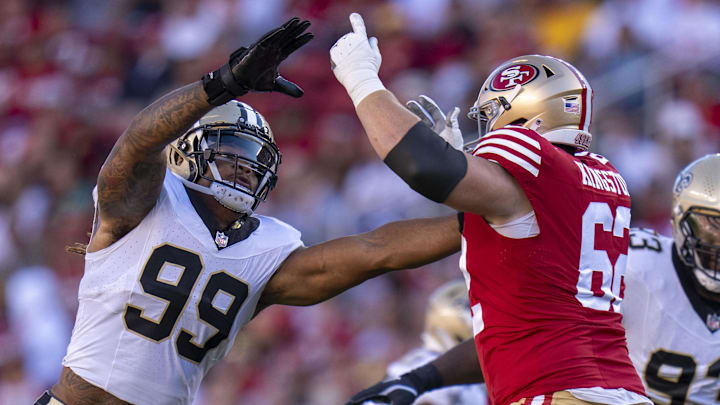 August 18, 2024; Santa Clara, California, USA; New Orleans Saints defensive end Chase Young (99) rushes against San Francisco 49ers guard Jarrett Kingston (62) during the second quarter at Levi's Stadium. Mandatory Credit: Kyle Terada-Imagn Images