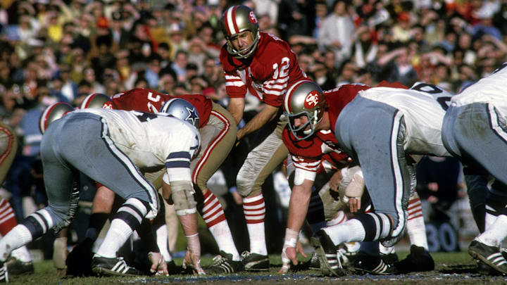 Jan 3, 1971; San Francisco, CA, USA; FILE PHOTO; San Francisco 49ers quarterback John Brodie (12) in action against the Dallas Cowboys during the 1970 NFC Championship Game at Kezar Stadium. The Cowboys defeated the 49ers 17-10. Mandatory Credit: Malcolm Emmons-Imagn Images