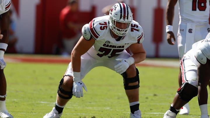 Oct 12, 2024; Tuscaloosa, Alabama, USA;  South Carolina Gamecocks offensive lineman Cason Henry (75) during the first half at Bryant-Denny Stadium. Mandatory Credit: Butch Dill-Imagn Images
