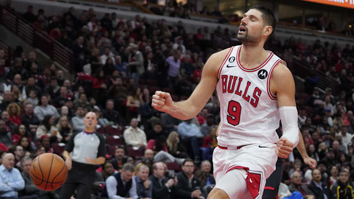 Nov 7, 2022; Chicago, Illinois, USA; Chicago Bulls center Nikola Vucevic (9) reacts after turning the ball over against the Toronto Raptors during the first half at United Center. Mandatory Credit: David Banks-Imagn Images
