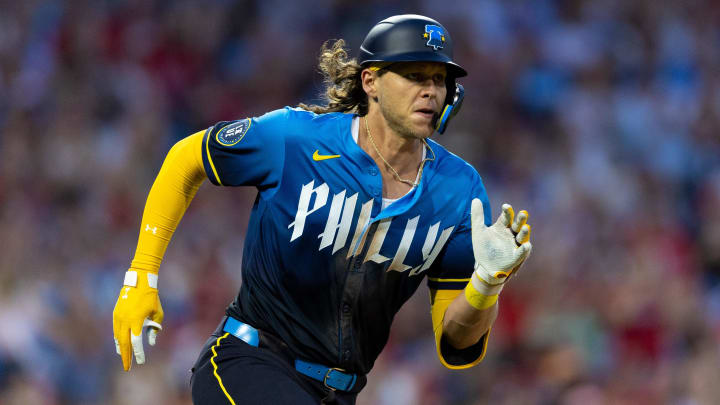 Jun 28, 2024; Philadelphia, Pennsylvania, USA; Philadelphia Phillies third base Alec Bohm (28) runs the bases after hitting a single during the eighth inning against the Miami Marlins at Citizens Bank Park. 