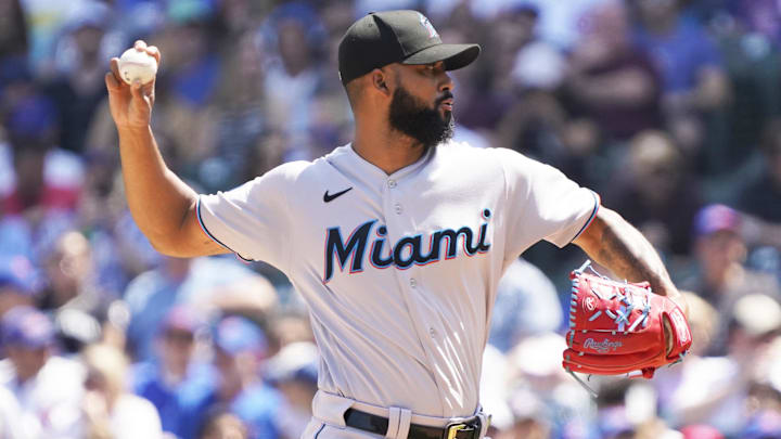 May 7, 2023; Chicago, Illinois, USA; Miami Marlins starting pitcher Sandy Alcantara (22) throws the ball against the Chicago Cubs during the first inning at Wrigley Field.