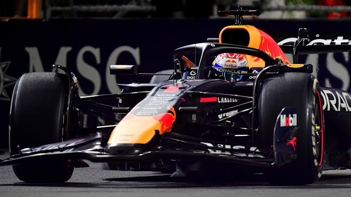 Nov 21, 2025; Las Vegas, NV, USA; Red Bull Racing driver Max Verstappen (1) during the Las Vegas Grand Prix at Las Vegas Strip Circuit. Mandatory Credit: Gary A. Vasquez-Imagn Images