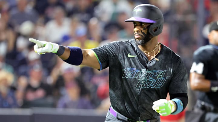 Sep 19, 2025; Tampa, Florida, USA;  Tampa Bay Rays designated hitter Yandy Diaz (2) hits a home run during the third inning against the Boston Red Sox at George M. Steinbrenner Field. 