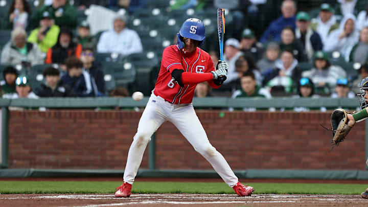 Stanford-bound Archer Horn takes a tough pitch for St. Ignatius in a game versus Sacred Heart Cathedral at Oracle Park in 2025. Horn and the Wildcats take on the Irish April 18 at Oracle as part of the Dante Benedetti Classic.  