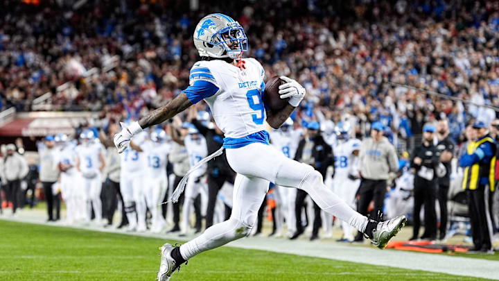 Detroit Lions wide receiver Jameson Williams (9) runs for a touchdown against San Francisco 49ers during the first half at Levi's Stadium in Santa Clara, Calif. on Monday, Dec. 30, 2024. Detroit Lions wide receiver Jameson Williams (9) runs for a touchdown against San Francisco 49ers during the first half at Levi's Stadium in Santa Clara, Calif. on Monday, Dec. 30, 2024.