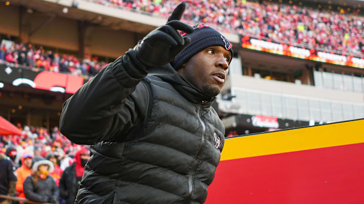 Houston Texans head coach DeMeco Ryans takes the field prior to a 2025 AFC divisional round game against the Kansas City Chiefs at GEHA Field at Arrowhead Stadium.