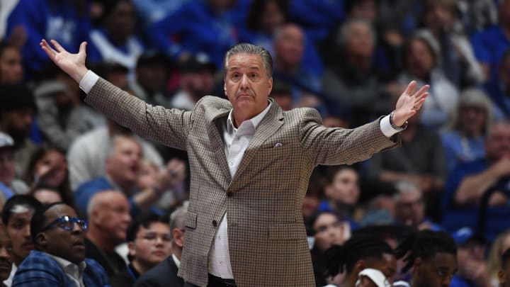 Mar 15, 2024; Nashville, TN, USA; Kentucky Wildcats head coach John Calipari questions a call during