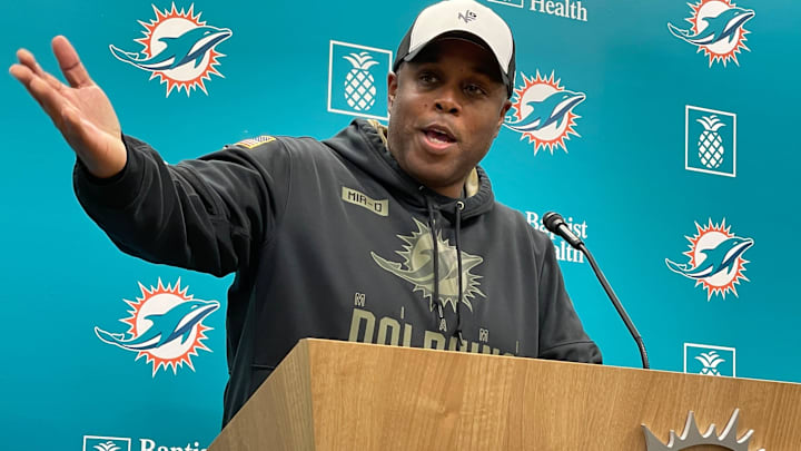 Dolphins general manager Chris Grier discusses the upcoming draft on Tuesday, April 16, 2024.