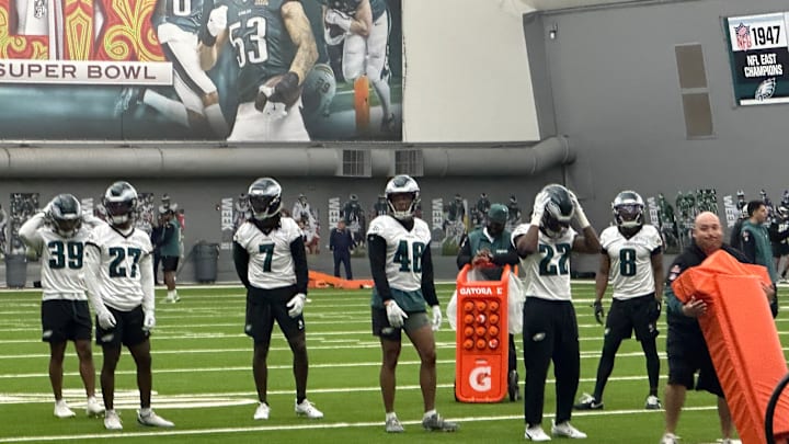 The Philadelphia Eagles defense gets ready for a drill during the team's OTA on May 28, 2025.