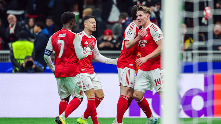 Viktor Gyokeres of Arsenal FC celebrates with his team mates...