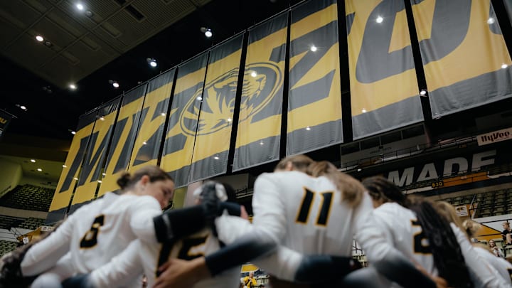 Mizzou volleyball in a team huddle getting ready for their match-ups on Saturday, Sept. 15, 2024. Mizzou volleyball in a team huddle getting ready for their match-ups on Saturday, Sept. 15, 2024.