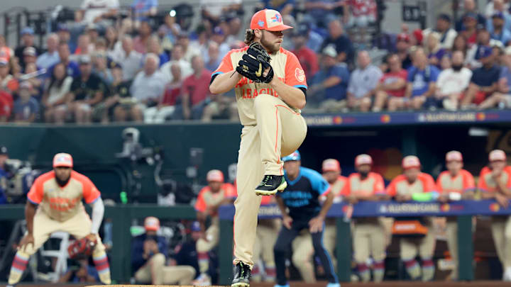 Jul 16, 2024; Arlington, Texas, USA; American League pitcher Corbin Burnes of the Baltimore Orioles (39) pitches in the first inning during the 2024 MLB All-Star game at Globe Life Field. Mandatory Credit: Kevin Jairaj-Imagn Images Jul 16, 2024; Arlington, Texas, USA; American League pitcher Corbin Burnes of the Baltimore Orioles (39) pitches in the first inning during the 2024 MLB All-Star game at Globe Life Field. Mandatory Credit: Kevin Jairaj-Imagn Images