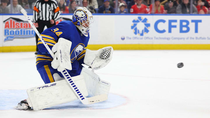 Mar 27, 2026; Buffalo, New York, USA; Buffalo Sabres goaltender Alex Lyon (34) looks to make a save during the first period against the Detroit Red Wings at KeyBank Center. Mandatory Credit: Timothy T. Ludwig-Imagn Images Mar 27, 2026; Buffalo, New York, USA; Buffalo Sabres goaltender Alex Lyon (34) looks to make a save during the first period against the Detroit Red Wings at KeyBank Center. Mandatory Credit: Timothy T. Ludwig-Imagn Images