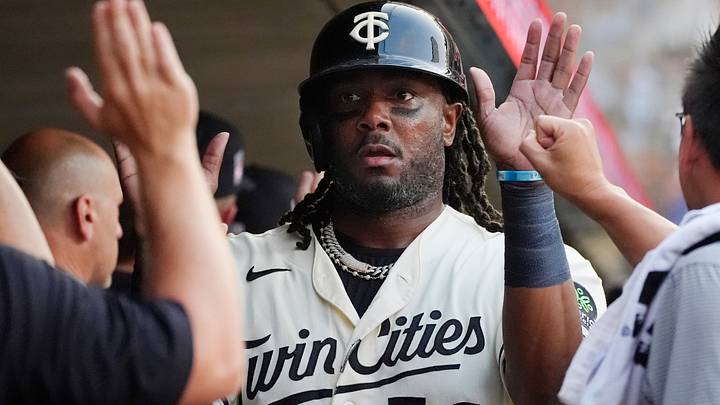 Josh Bell celebrates his run against the Athletics in the sixth inning at Target Field. Josh Bell celebrates his run against the Athletics in the sixth inning at Target Field.