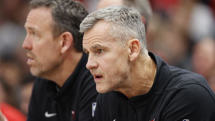 Oct 25, 2023; Chicago, Illinois, USA; Chicago Bulls head coach Billy Donovan looks on from the bench during the first half of a basketball game against the Oklahoma City Thunder at United Center. Mandatory Credit: Kamil Krzaczynski-Imagn Images