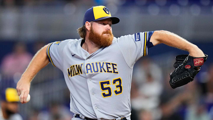 Sep 23, 2023; Miami, Florida, USA; Milwaukee Brewers starting pitcher Brandon Woodruff (53) throws a pitch against the Miami Marlins during the first inning at loanDepot Park. Mandatory Credit: Rich Storry-Imagn Images