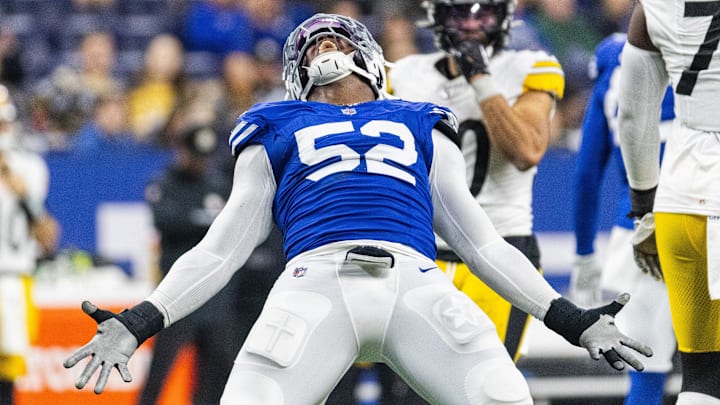 Dec 16, 2023; Indianapolis, Indiana, USA; Indianapolis Colts defensive end Samson Ebukam (52) celebrates a sack  in the second half against the Pittsburgh Steelers at Lucas Oil Stadium. 