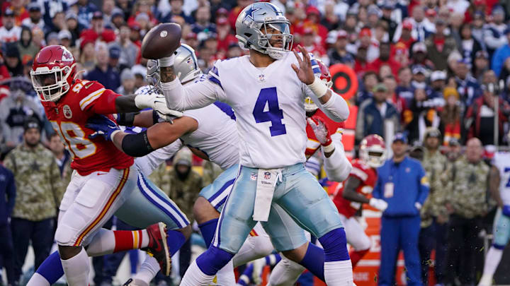 Dallas Cowboys quarterback Dak Prescott throws a pass against the Kansas City Chiefs. Dallas Cowboys quarterback Dak Prescott throws a pass against the Kansas City Chiefs.