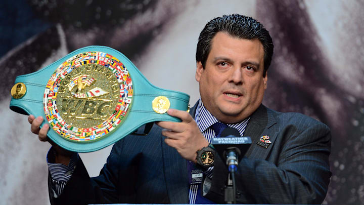 Apr 29, 2015; Las Vegas, NV, USA; WBC president Mauricio Sulaiman shows off a custom belt during a press conference at KA Theatre. Mandatory Credit: Joe Camporeale-Imagn Images Apr 29, 2015; Las Vegas, NV, USA; WBC president Mauricio Sulaiman shows off a custom belt during a press conference at KA Theatre. Mandatory Credit: Joe Camporeale-Imagn Images