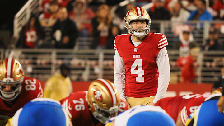 Dec 12, 2024; Santa Clara, California, USA; San Francisco 49ers kicker Jake Moody (4) prepares for a 50-yard field goal against the Los Angeles Rams during the first quarter at Levi's Stadium. Mandatory Credit: Kelley L Cox-Imagn Images Dec 12, 2024; Santa Clara, California, USA; San Francisco 49ers kicker Jake Moody (4) prepares for a 50-yard field goal against the Los Angeles Rams during the first quarter at Levi's Stadium. Mandatory Credit: Kelley L Cox-Imagn Images