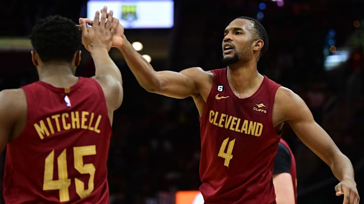 Apr 2, 2023; Cleveland, Ohio, USA; Cleveland Cavaliers forward Evan Mobley (4) celebrates with guard Donovan Mitchell (45) during the second half against the Indiana Pacers at Rocket Mortgage FieldHouse. Mandatory Credit: Ken Blaze-Imagn Images