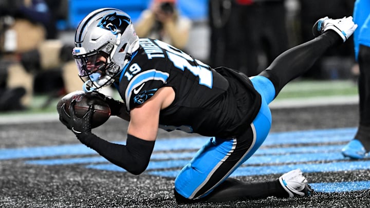 Dec 1, 2024; Charlotte, North Carolina, USA; Carolina Panthers wide receiver Adam Thielen (19) attempts a catch in the end zone in the second quarter at Bank of America Stadium. Mandatory Credit: Bob Donnan-Imagn Images