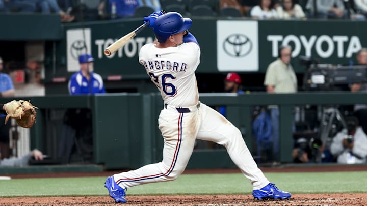 Apr 5, 2025; Arlington, Texas, USA; Texas Rangers left fielder Wyatt Langford (36) hits a two-run home run during the seventh inning against the Tampa Bay Rays at Globe Life Field. Apr 5, 2025; Arlington, Texas, USA; Texas Rangers left fielder Wyatt Langford (36) hits a two-run home run during the seventh inning against the Tampa Bay Rays at Globe Life Field.
