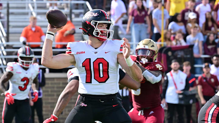 Sep 28, 2024; Chestnut Hill, Massachusetts, USA; Western Kentucky Hilltoppers quarterback Caden Veltkamp (10) throws a pass against the Boston College Eagles during the second half at Alumni Stadium. Mandatory Credit: Eric Canha-Imagn Images