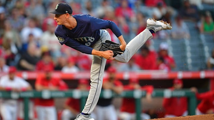 Seattle Mariners pitcher George Kirby throws against the Los Angeles Angels on Aug. 30 at Angel Stadium. Seattle Mariners pitcher George Kirby throws against the Los Angeles Angels on Aug. 30 at Angel Stadium.