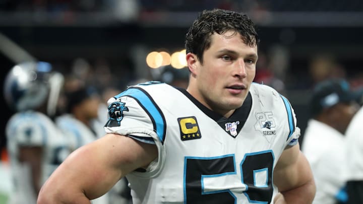 Dec 8, 2019; Atlanta, GA, USA; Carolina Panthers middle linebacker Luke Kuechly (59) reacts after a play in the fourth quarter against the Atlanta Falcons at Mercedes-Benz Stadium. Mandatory Credit: Jason Getz-Imagn Images