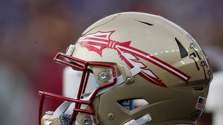 Nov 4, 2023; Pittsburgh, Pennsylvania, USA;  A Florida State Seminoles helmet on the sidelines against the Pittsburgh Panthers during the second quarter at Acrisure Stadium. Mandatory Credit: Charles LeClaire-Imagn Images
