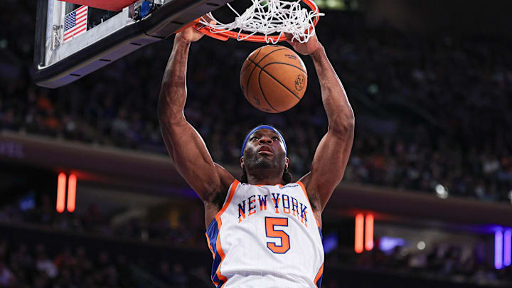 Mar 22, 2025; New York, New York, USA; New York Knicks forward Precious Achiuwa (5) dunks the ball during the first half against the Washington Wizards at Madison Square Garden. Mandatory Credit: Vincent Carchietta-Imagn Images Mar 22, 2025; New York, New York, USA; New York Knicks forward Precious Achiuwa (5) dunks the ball during the first half against the Washington Wizards at Madison Square Garden. Mandatory Credit: Vincent Carchietta-Imagn Images