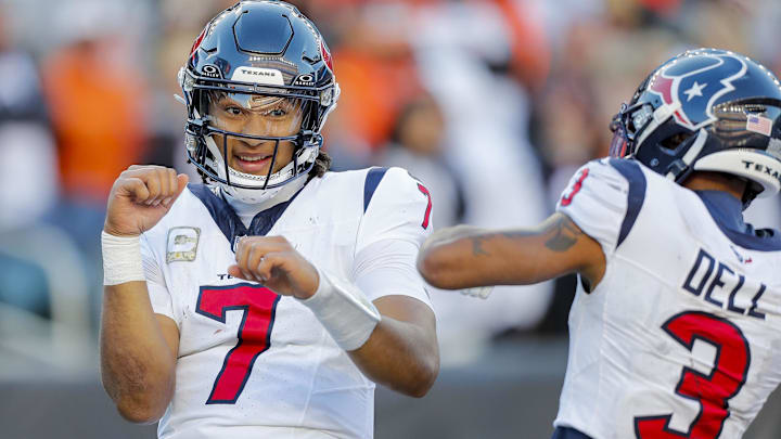 Nov 12, 2023; Cincinnati, Ohio, USA; Houston Texans quarterback C.J. Stroud (7) reacts after scoring