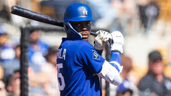 Mar 4, 2026; Glendale, AZ, USA; Los Angeles Dodgers outfielder Josue De Paula against Team Mexico during a spring training game at Camelback Ranch. Mandatory Credit: Mark J. Rebilas-Imagn Images