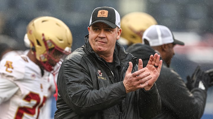 Dec 28, 2024; Bronx, NY, USA; Boston College Eagles head coach Bill O'Brien on the field before the game against the Nebraska Cornhuskers at Yankee Stadium. Mandatory Credit: Vincent Carchietta-Imagn Images
